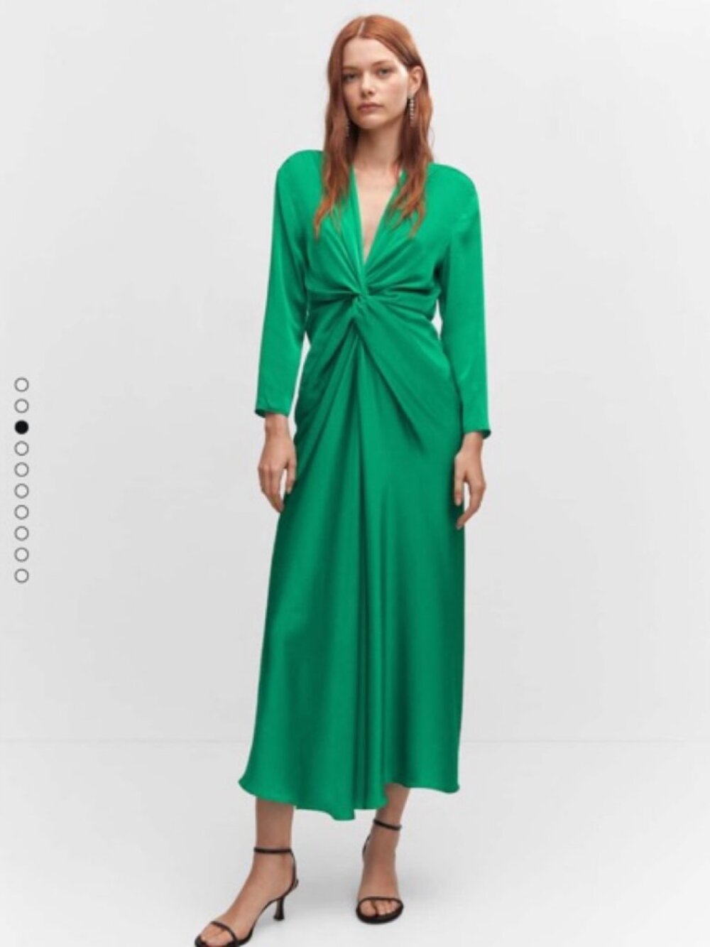 Mango Green Silky Satin Midi Dress V-Neck Twist Front Size 4